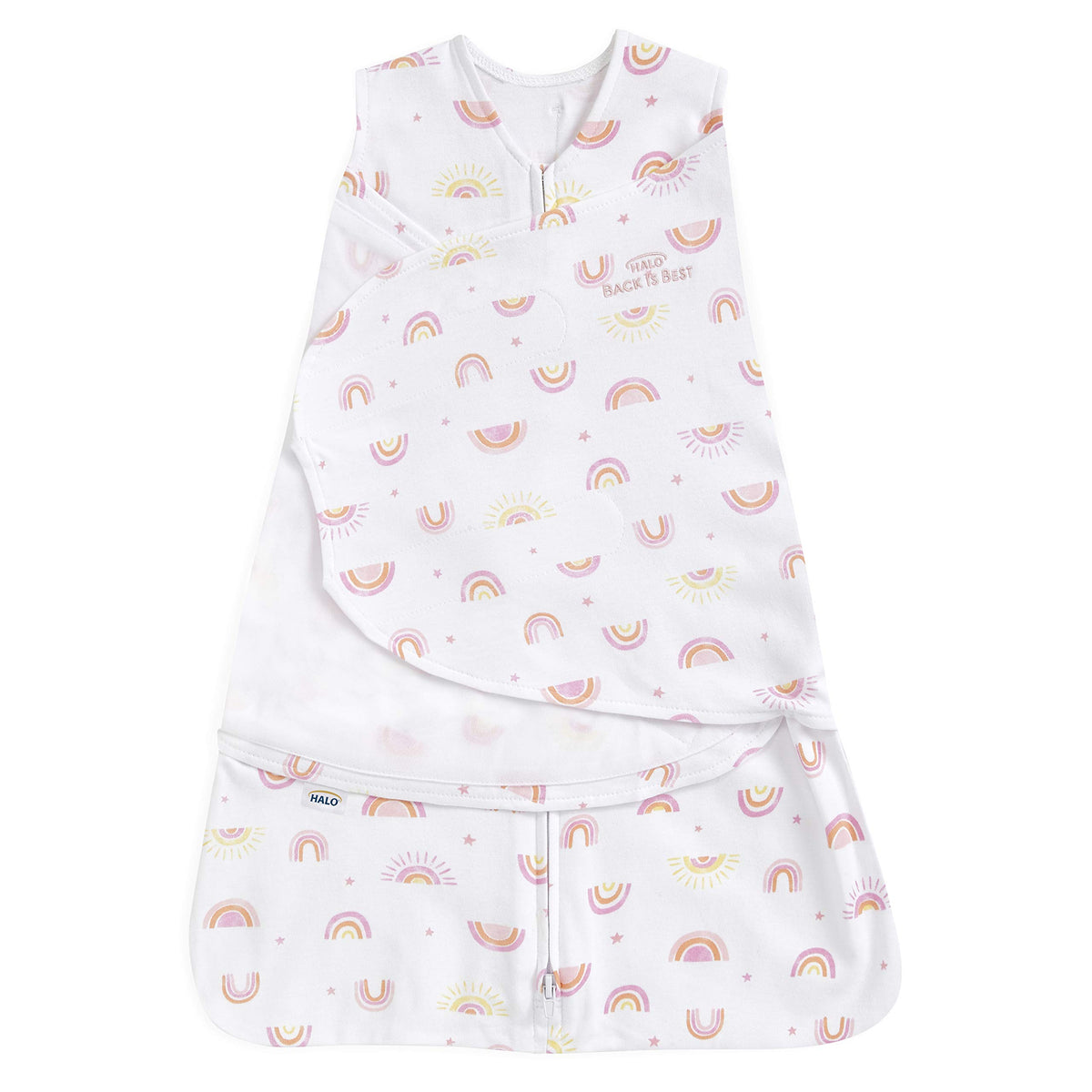 HALO Sleepsack Swaddle Sunshine Rainbows flatlay for safe, cozy newborn sleeping