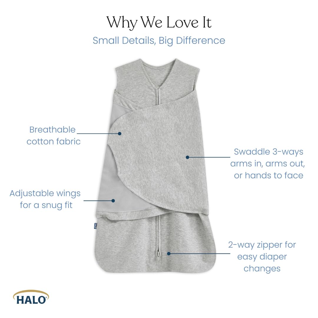 HALO Sleepsack three-way design demonstrated for arms-in, one-arm-out, or two-arms-out options