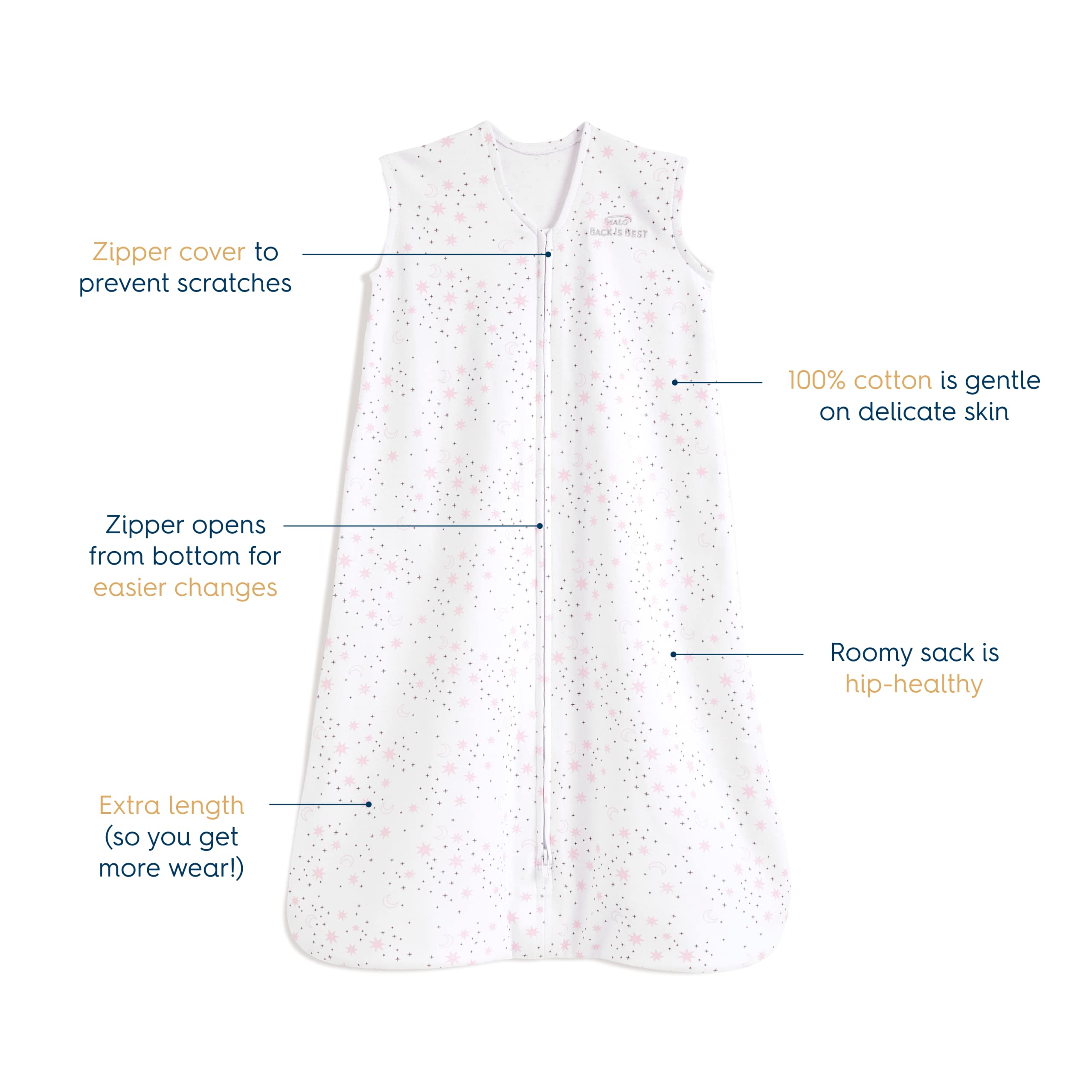 HALO SleepSack Twinkle Pink worn on baby showing secure wearable blanket fit