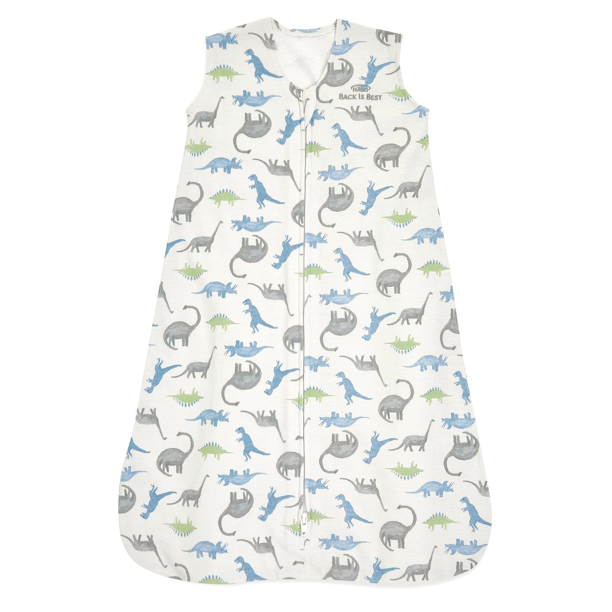Halo SleepSack worn by baby in watercolor dinos for safe, cozy sleep