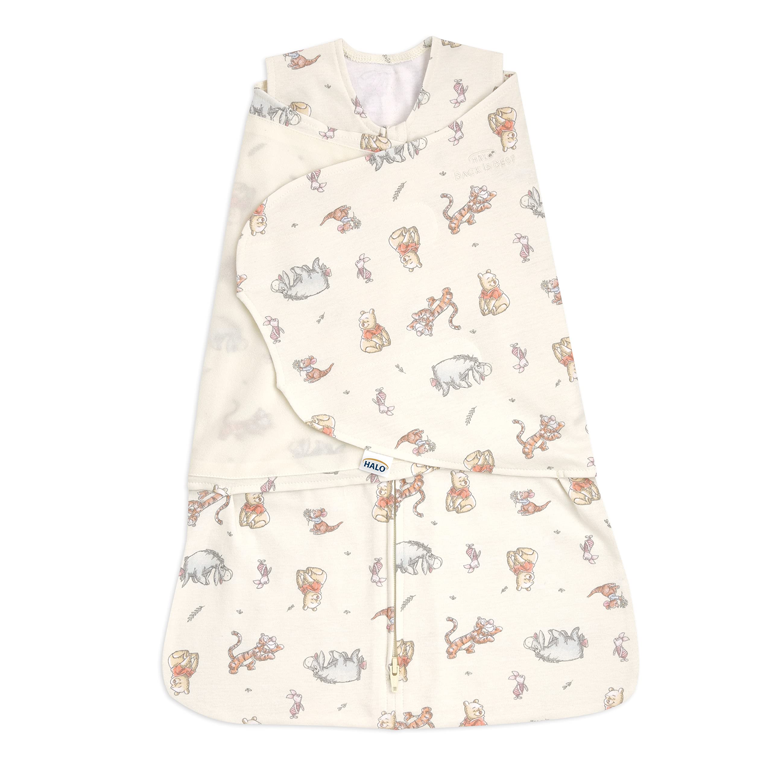 HALO Winnie Frolic Sleepsack front view shows snug, secure fit for newborn swaddling.
