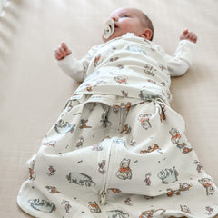 HALO Winnie Frolic Sleepsack inverted zipper makes diaper changes easy.