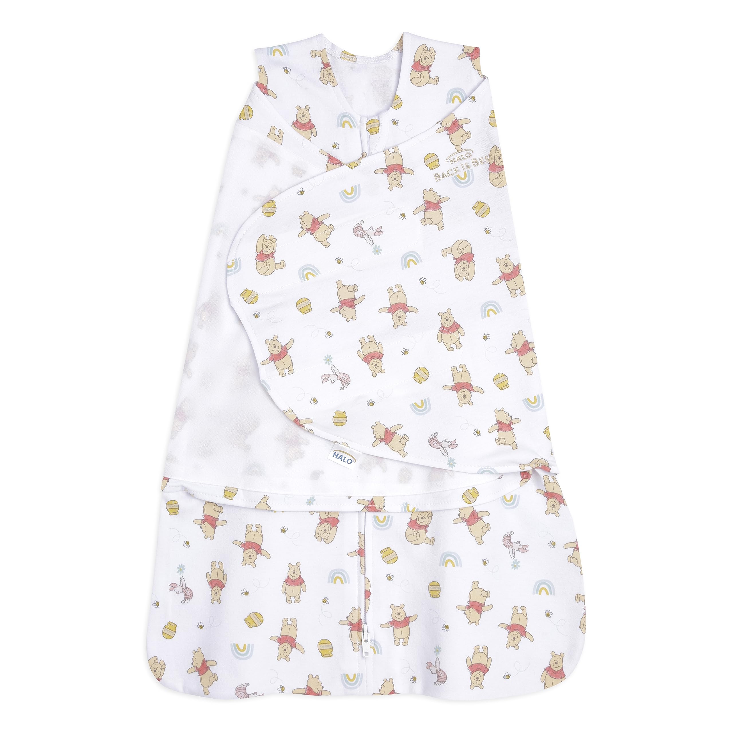 Halo Winnie Rainbows Sleepsack Swaddle in 100% cotton for snug, secure sleep.