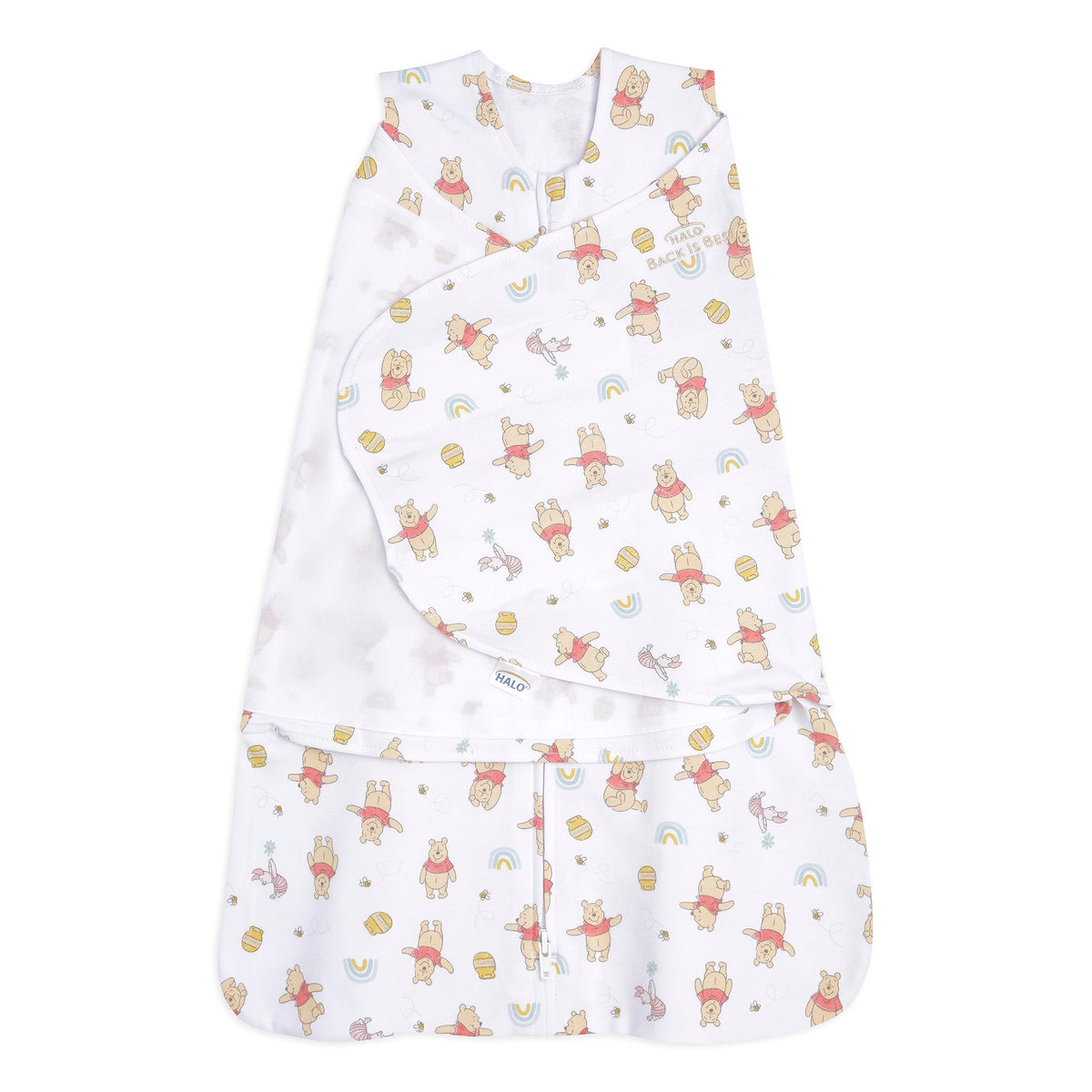 Halo Winnie Rainbows Sleepsack Swaddle in 100% cotton for snug, secure sleep.