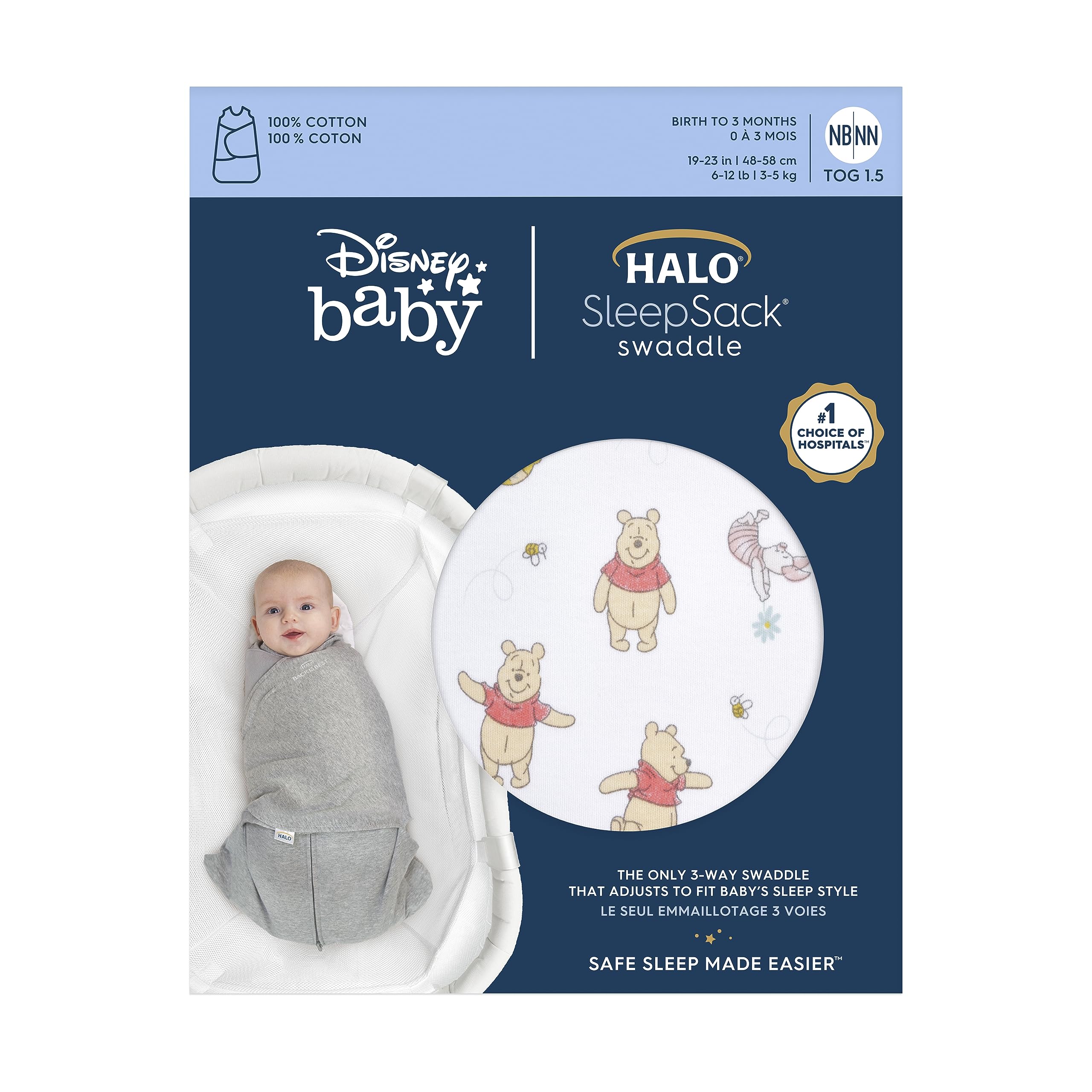 Halo Winnie Rainbows Sleepsack offers a 3-way adjustable swaddle for a precise fit.