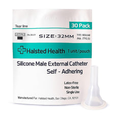Halsted Health silicone male external catheter with self-adhesive band for easy application.