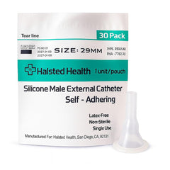 Halsted Health silicone male external catheter with self-adhesive for secure wear.