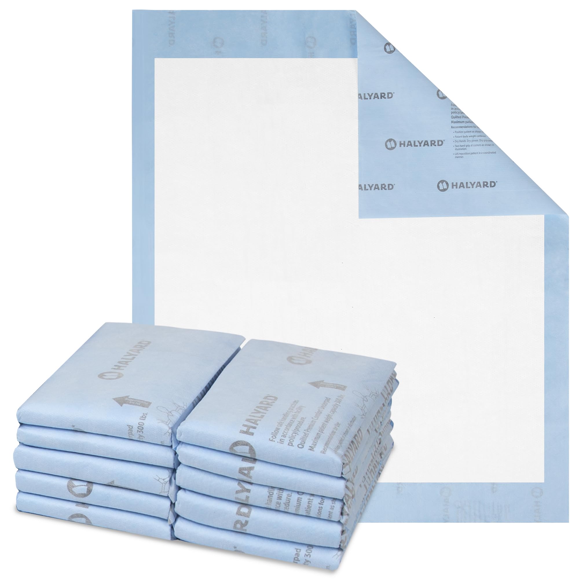 HALYARD Premium Underpads top surface in blue for quick moisture wicking and dry skin