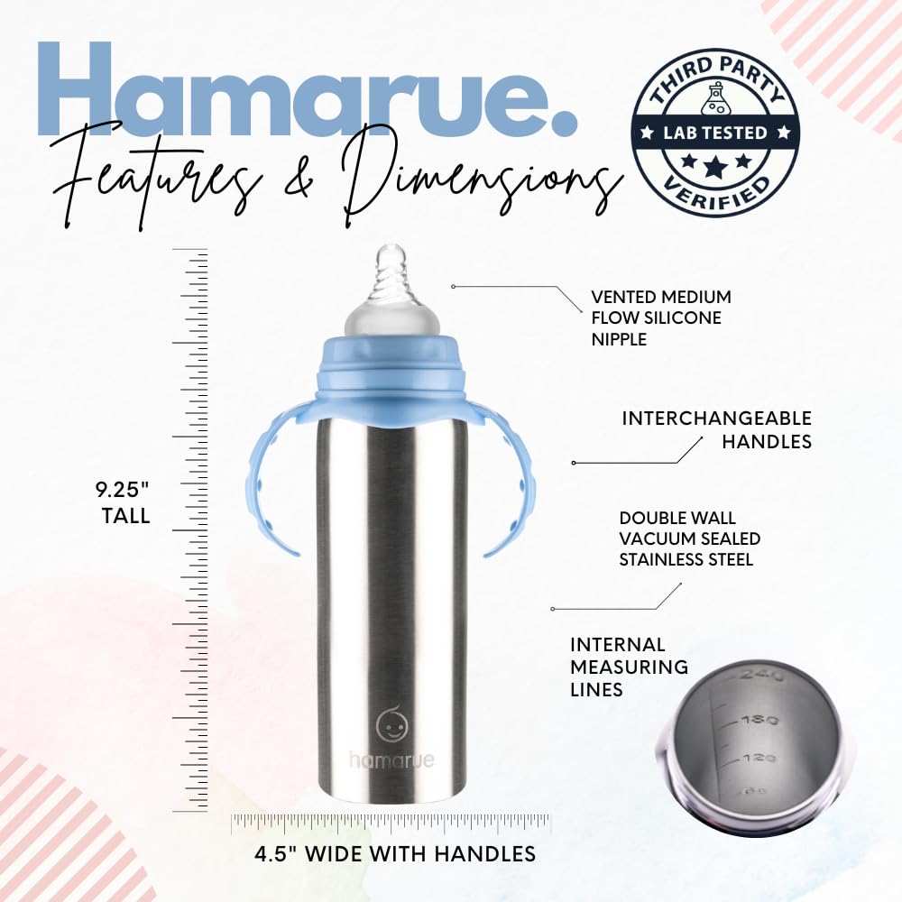 Hamarue insulated stainless steel baby bottle blue keeps drinks warm or cold.