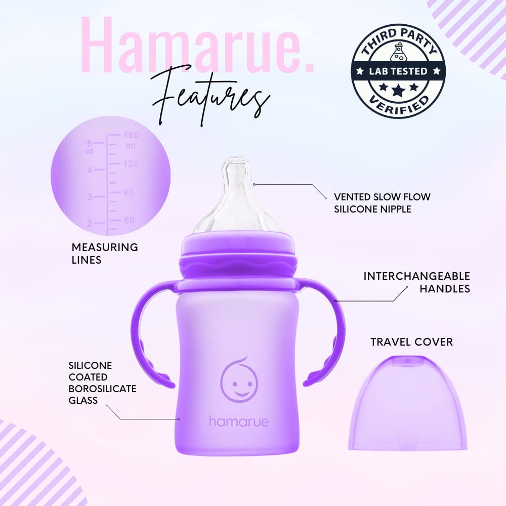 Hamarue silicone-coated glass bottle with nipple and spout supports gentle transition feeding