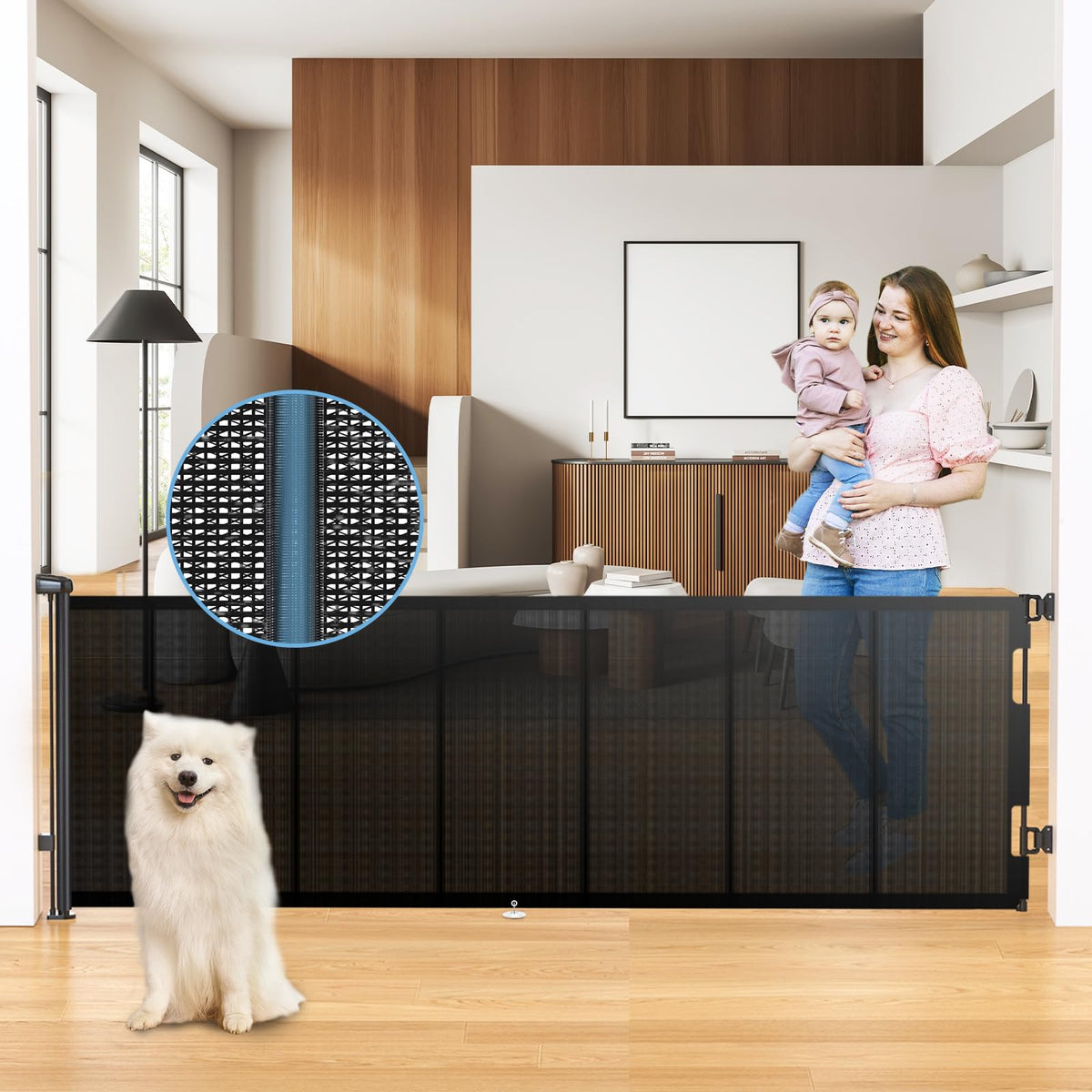 HAMOPY 120-inch reinforced retractable gate in full view for wide doorway protection