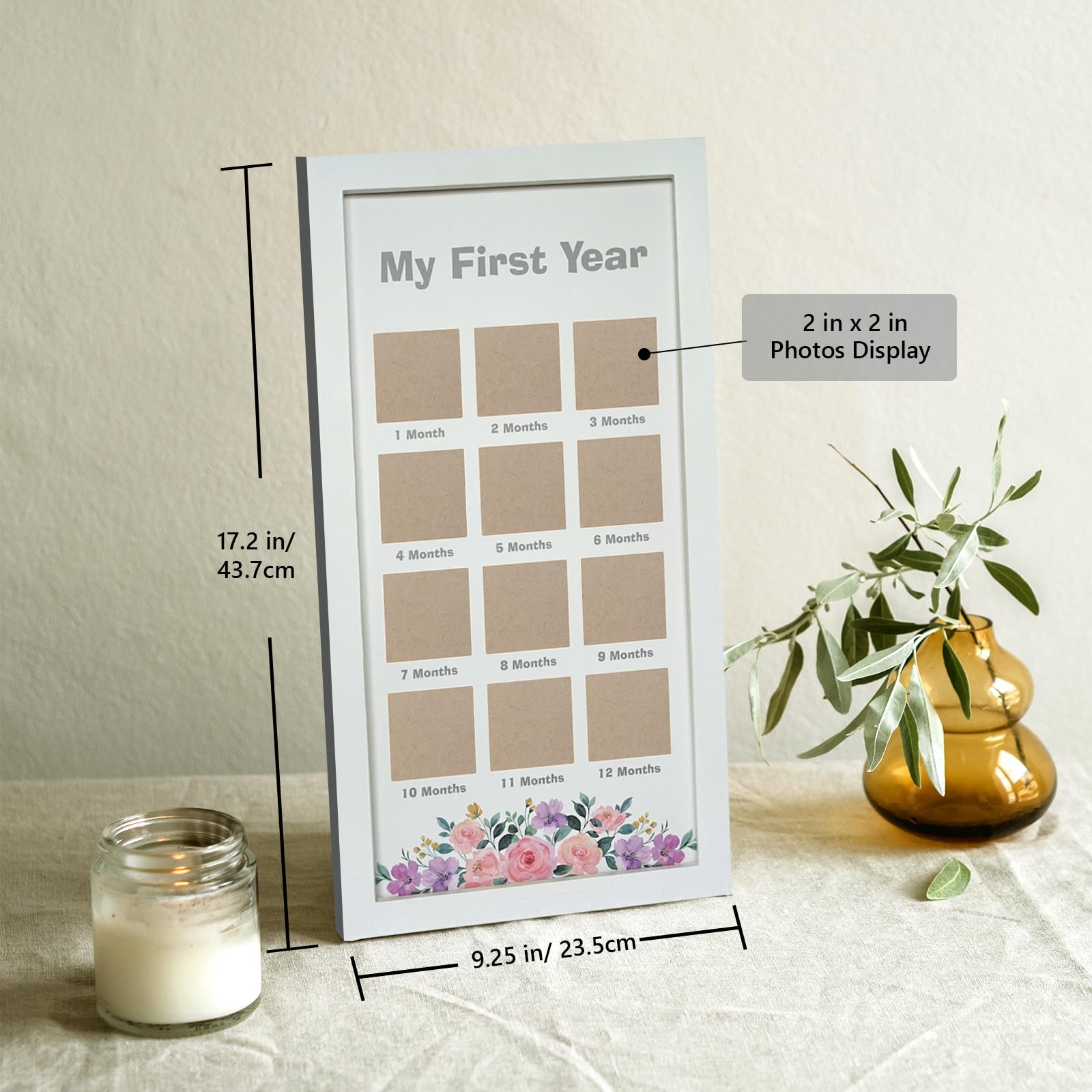 HAMUIERS First Year Frame card-detail showcases the gray My First Year with decorative flowers.