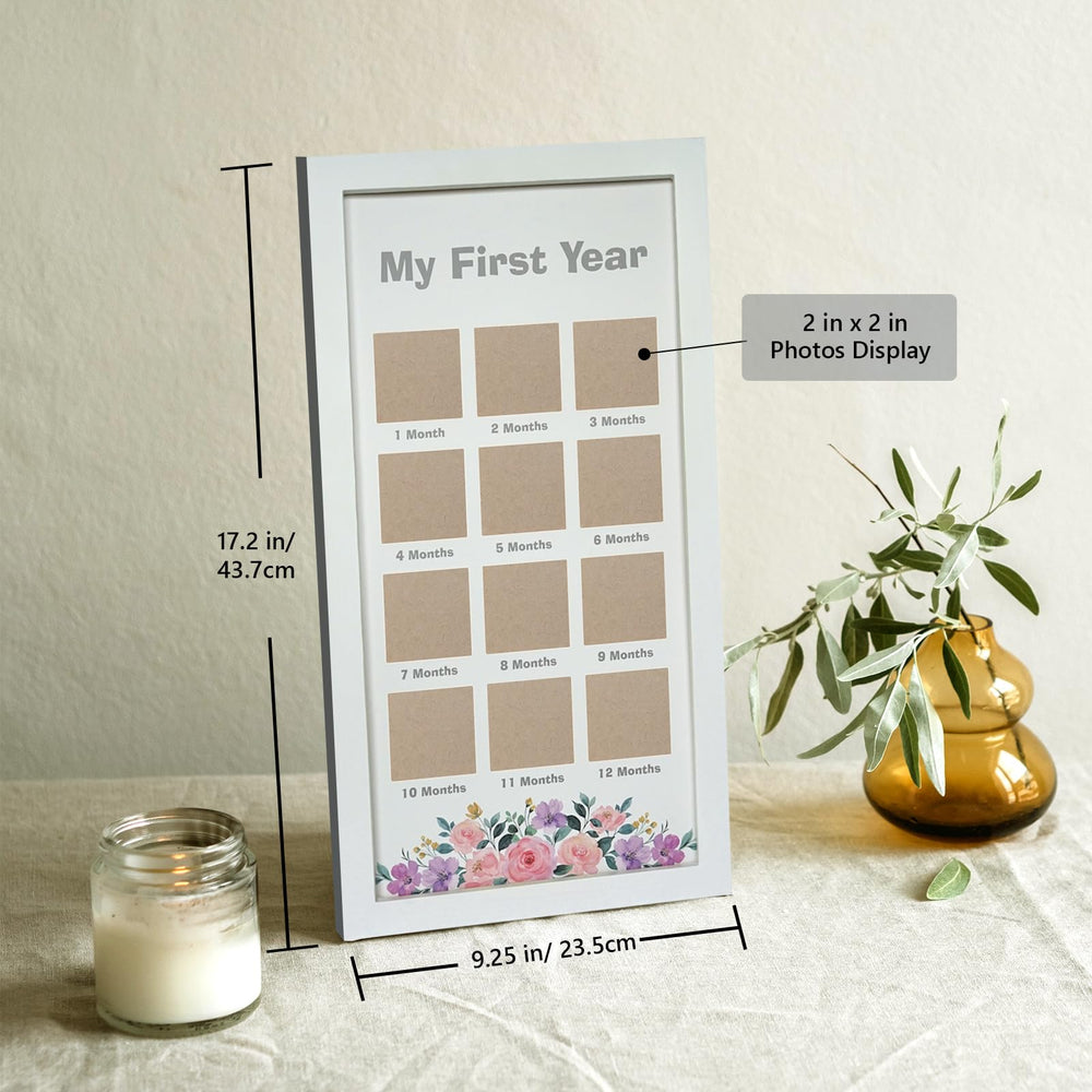 HAMUIERS First Year Frame card-detail showcases the gray My First Year with decorative flowers.