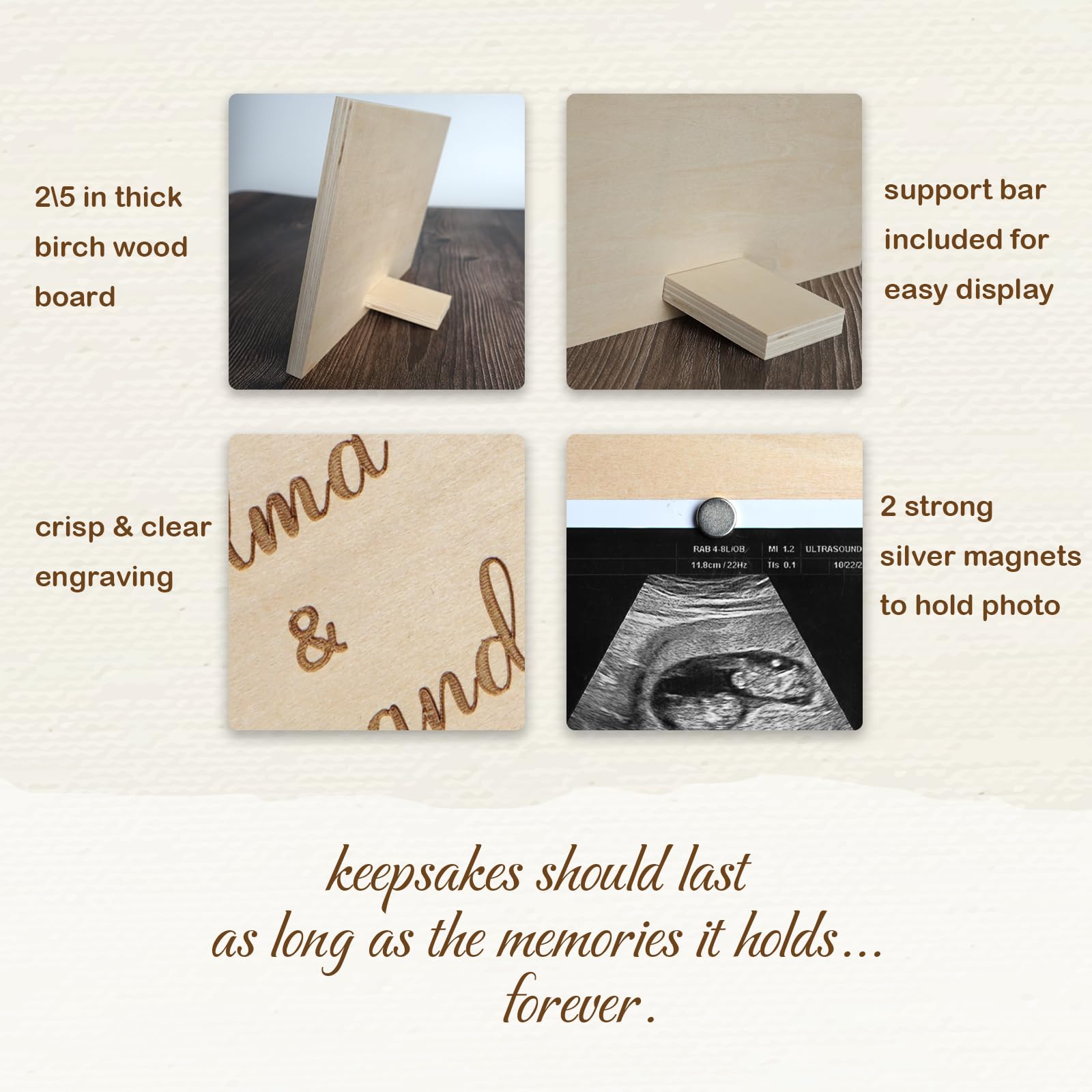 HAMUIERS sonogram frame close-up showing magnets and wood grain for easy photo changes.