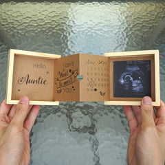 HAMUIERS wooden keepsake box close-up highlighting the "coming soon" engraving for anticipation.