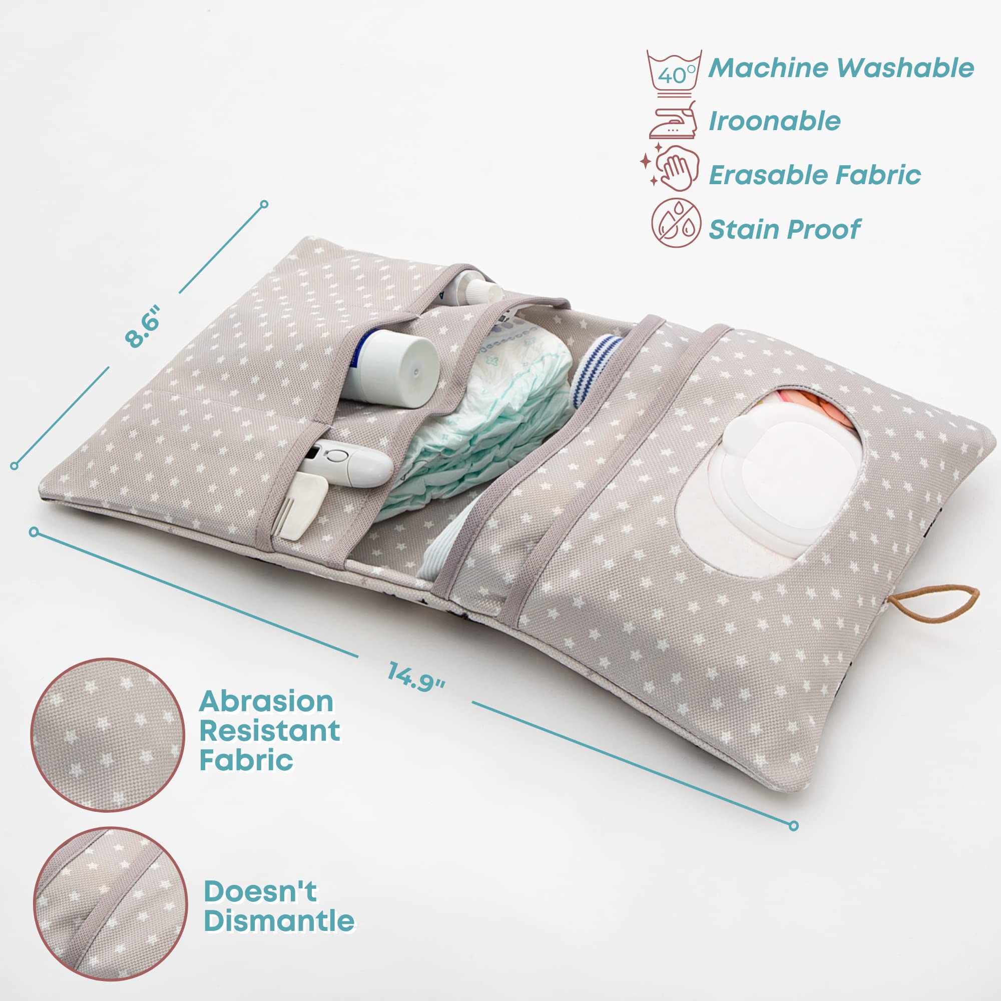 HAMUR HOME diaper bag organizer with side pocket open for quick wipes access.
