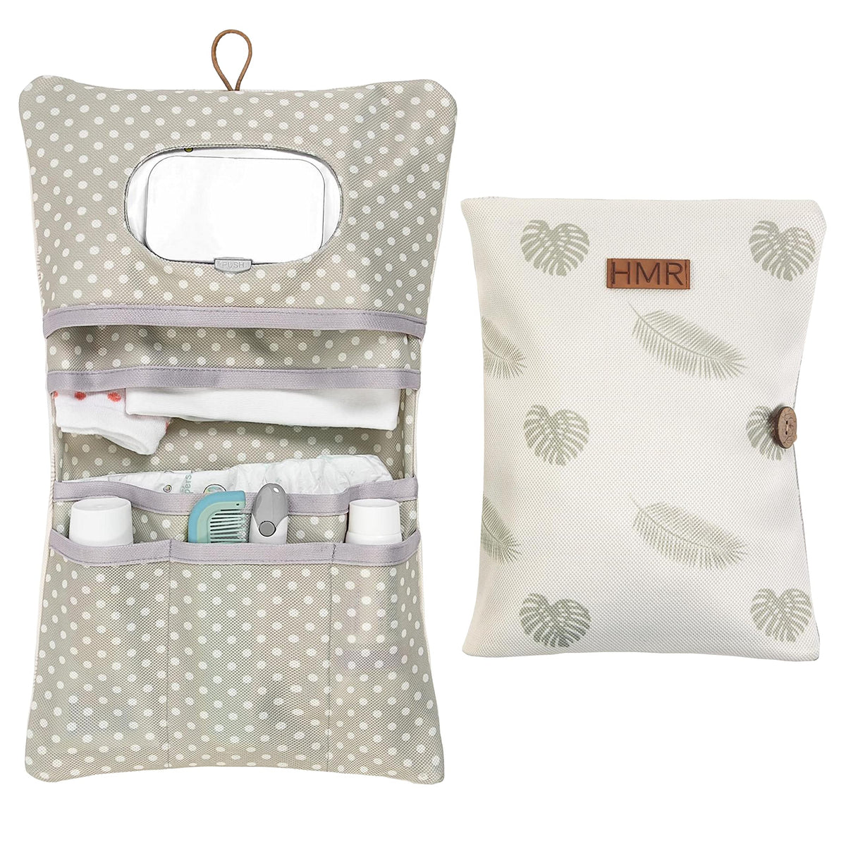 HAMUR HOME Leaves diaper bag front view with organized pockets for quick changes.