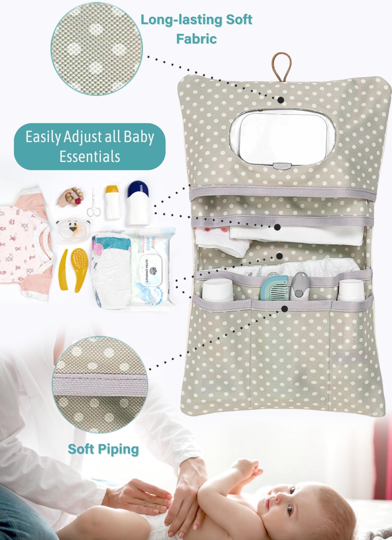 HAMUR HOME Leaves main compartments separate diapers, wipes, and creams for quick access.