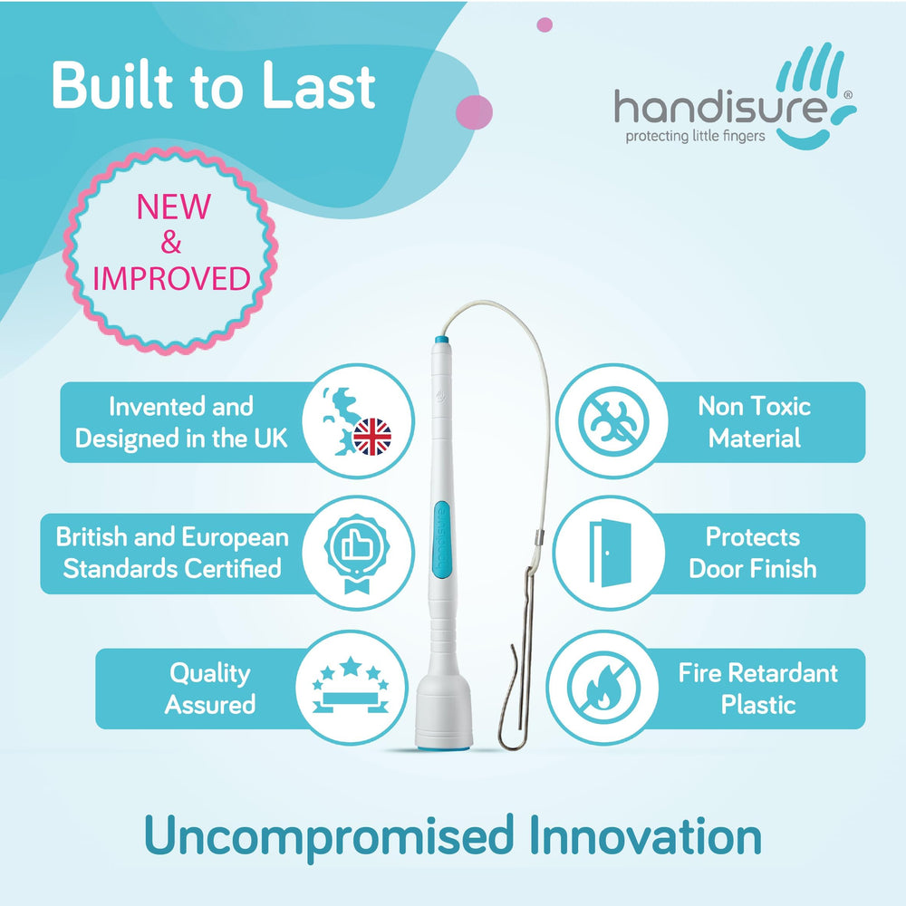 Handisure hinge-side protection guards against finger traps for toddlers.