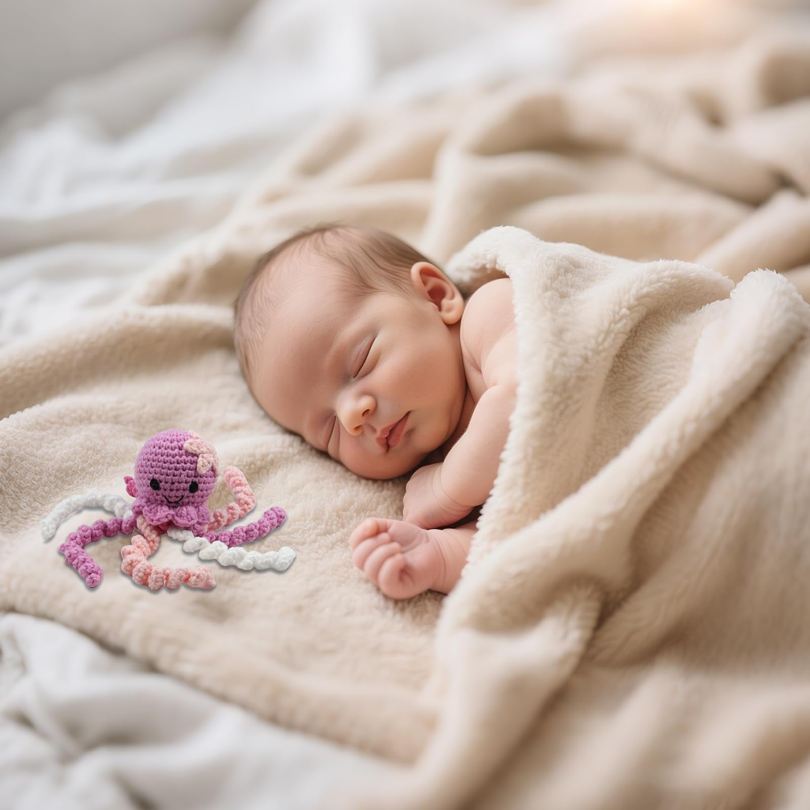 Light purple crochet octopus made from cotton yarn is skin-friendly.