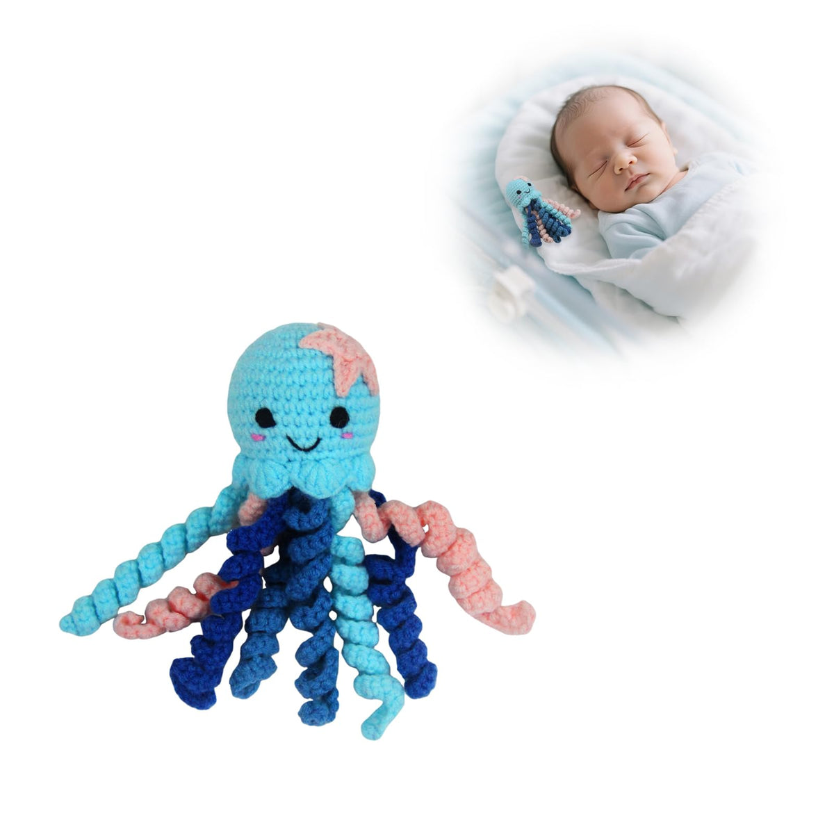 Handmade crochet octopus blue for NICU comfort and gentle companionship.