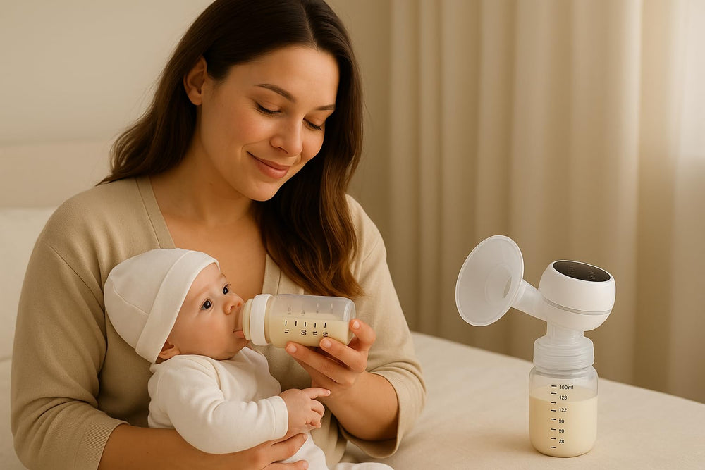 Hands-Free Electric Breast Pump interface displays four pumping modes for customizable comfort.