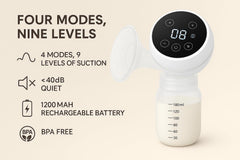 Hands-Free Electric Breast Pump dial shows nine suction levels for precise control.