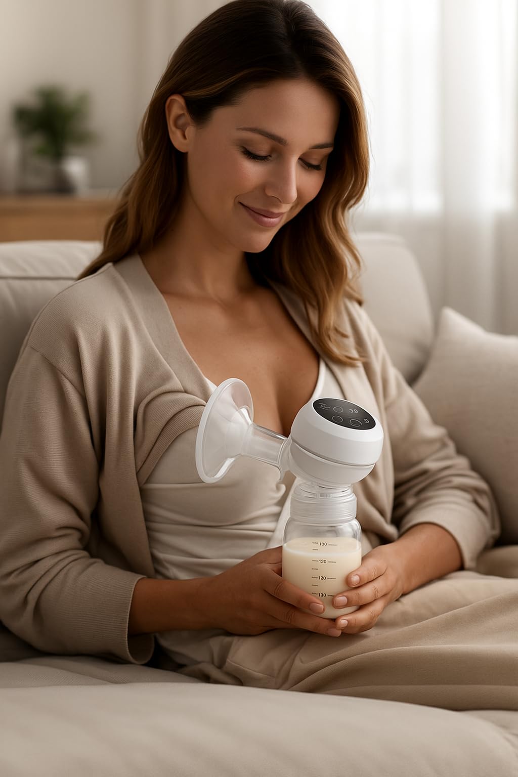 Hands-Free Electric Breast Pump compact design fits inside a bag for travel.
