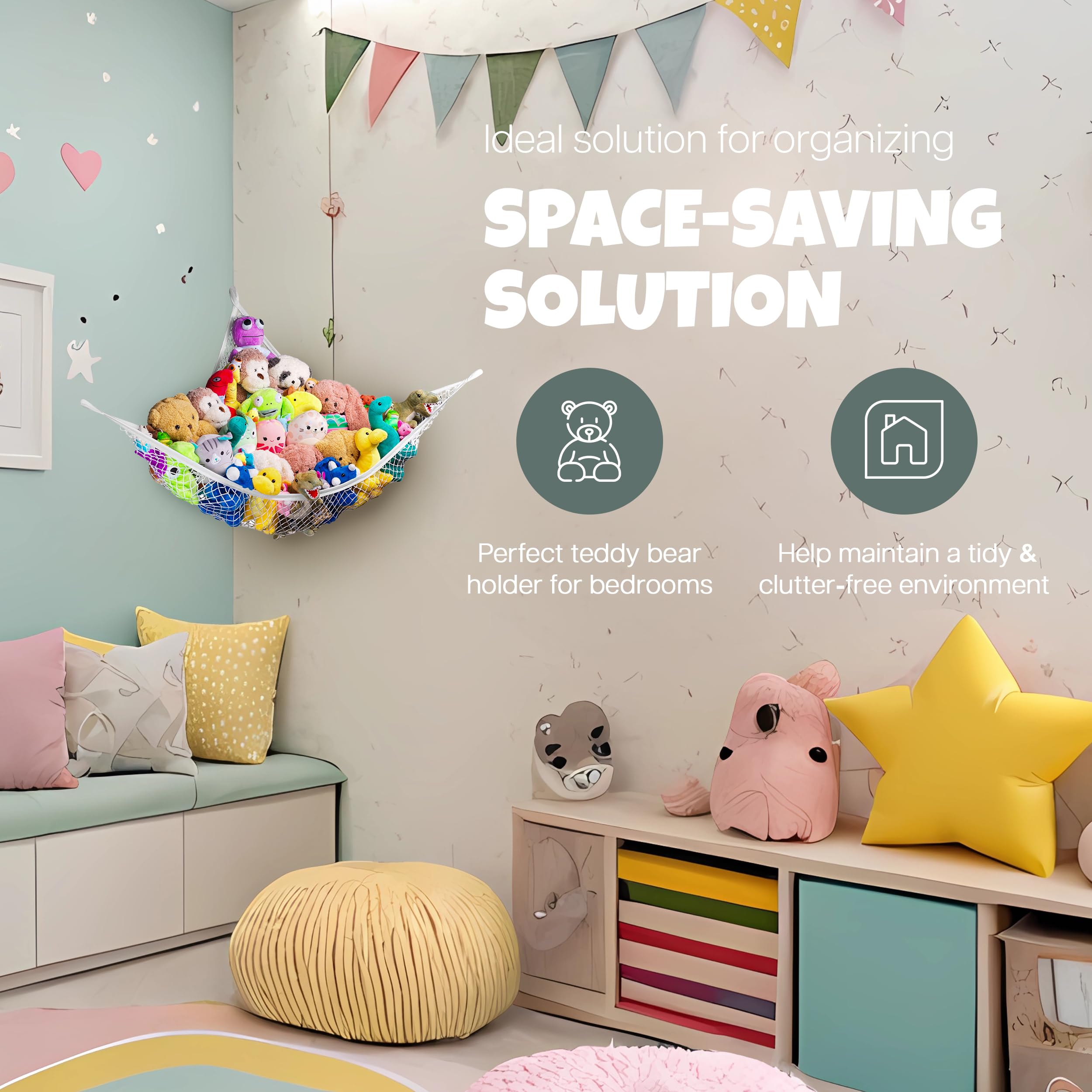 Handy Laundry stuffed animal hammock corner net filled with plush toys keeps cuddly favorites organized.