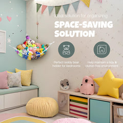 Handy Laundry stuffed animal hammock corner net filled with plush toys keeps cuddly favorites organized.