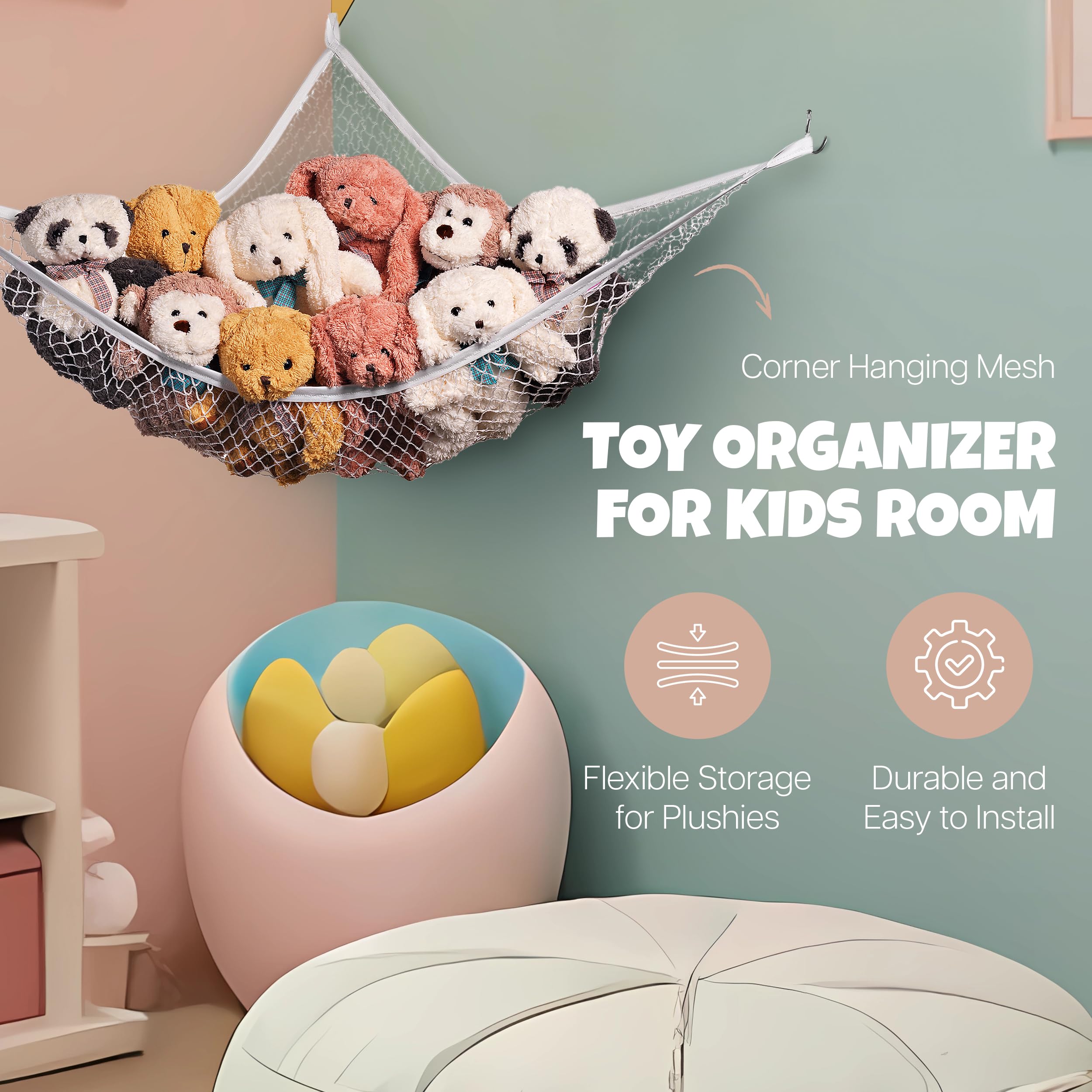Handy Laundry stuffed animal hammock corner net showing flexible mounting options for easy removal.