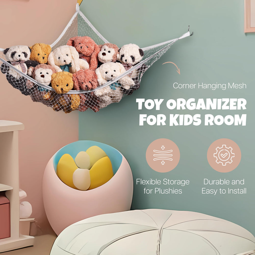Handy Laundry stuffed animal hammock corner net showing flexible mounting options for easy removal.