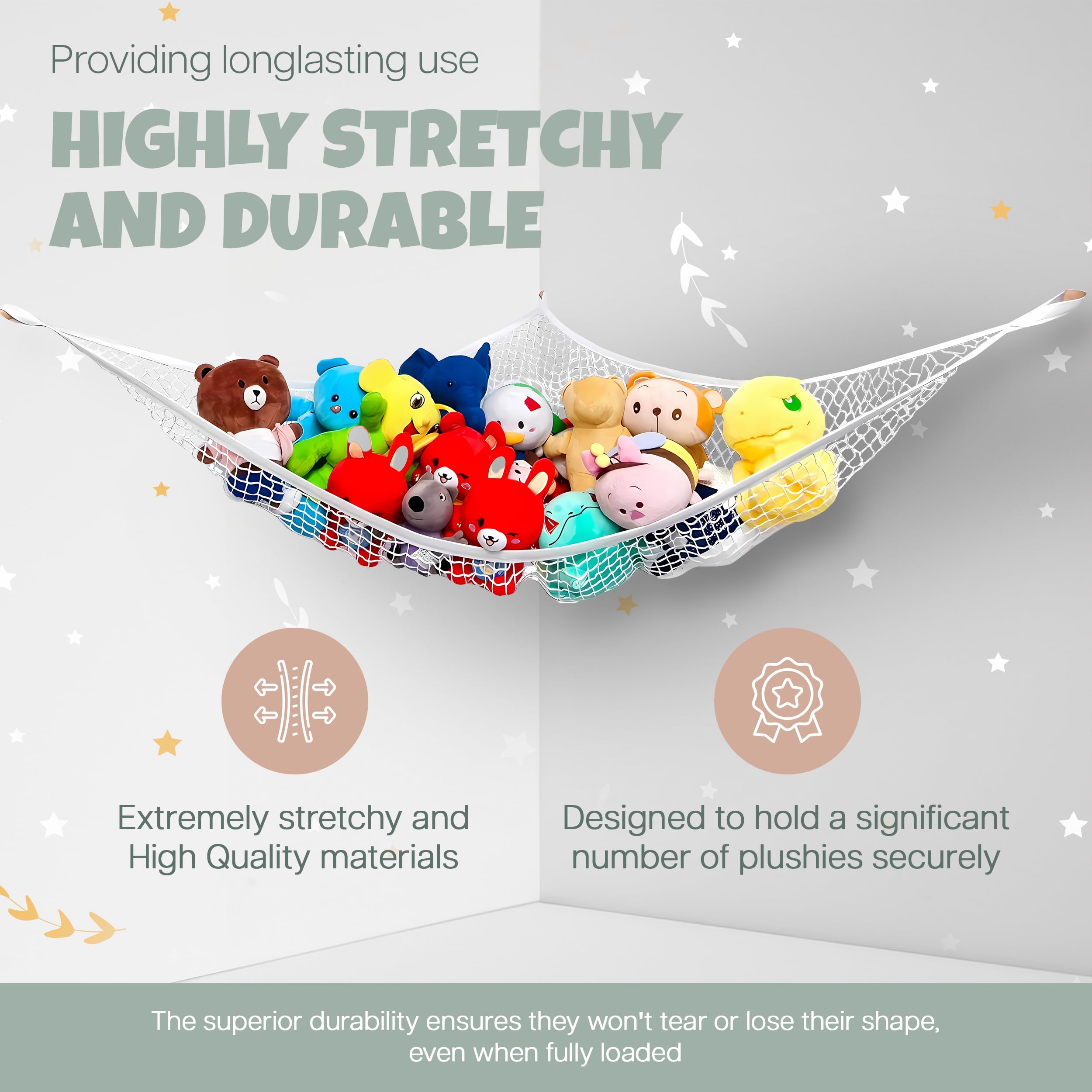 Handy Laundry stuffed animal hammock corner net demonstrates space-saving storage for toy collections.