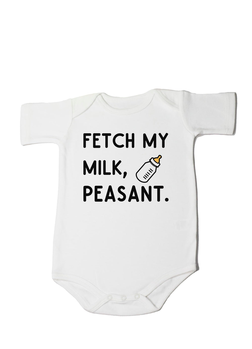 HandyKnitArt fetch milk bodysuit front view, playful design for baby shower photos.