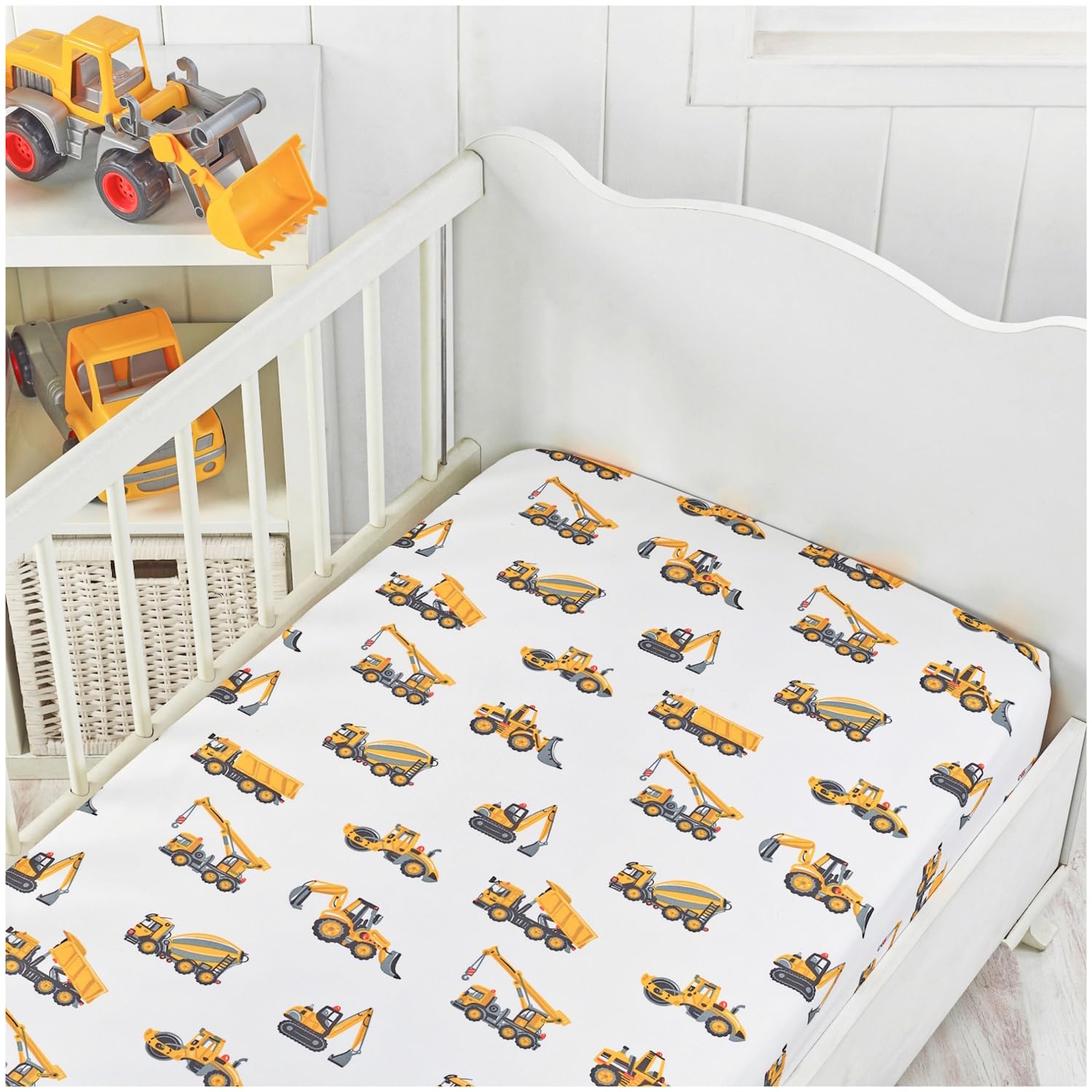 Handywa crib sheet printed with construction vehicles and chevrons for playful nursery vibe