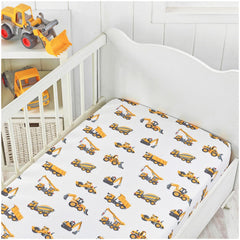 Handywa crib sheet printed with construction vehicles and chevrons for playful nursery vibe