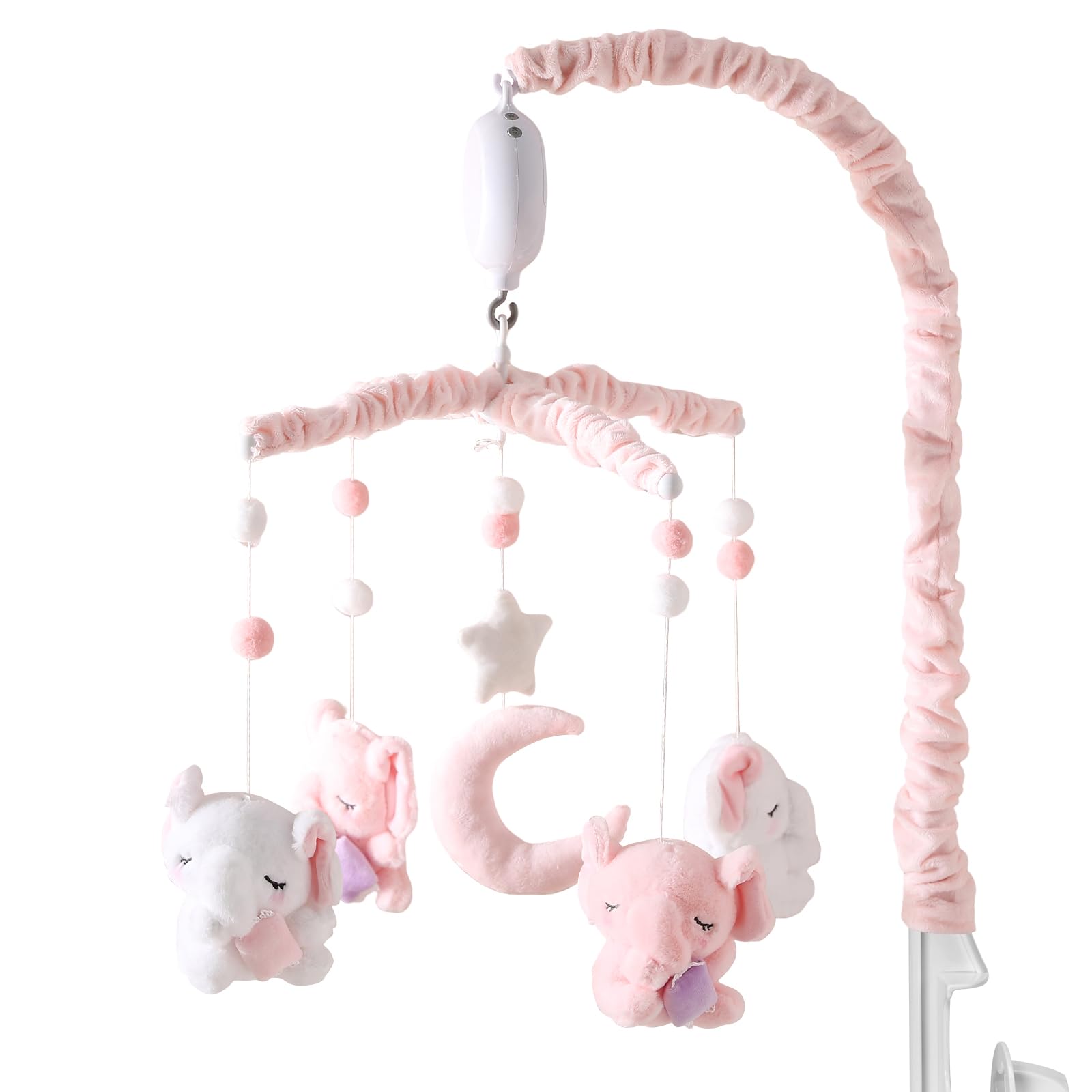 HanMiaMia baby crib mobile with elephant arm enhances visual engagement for newborns.