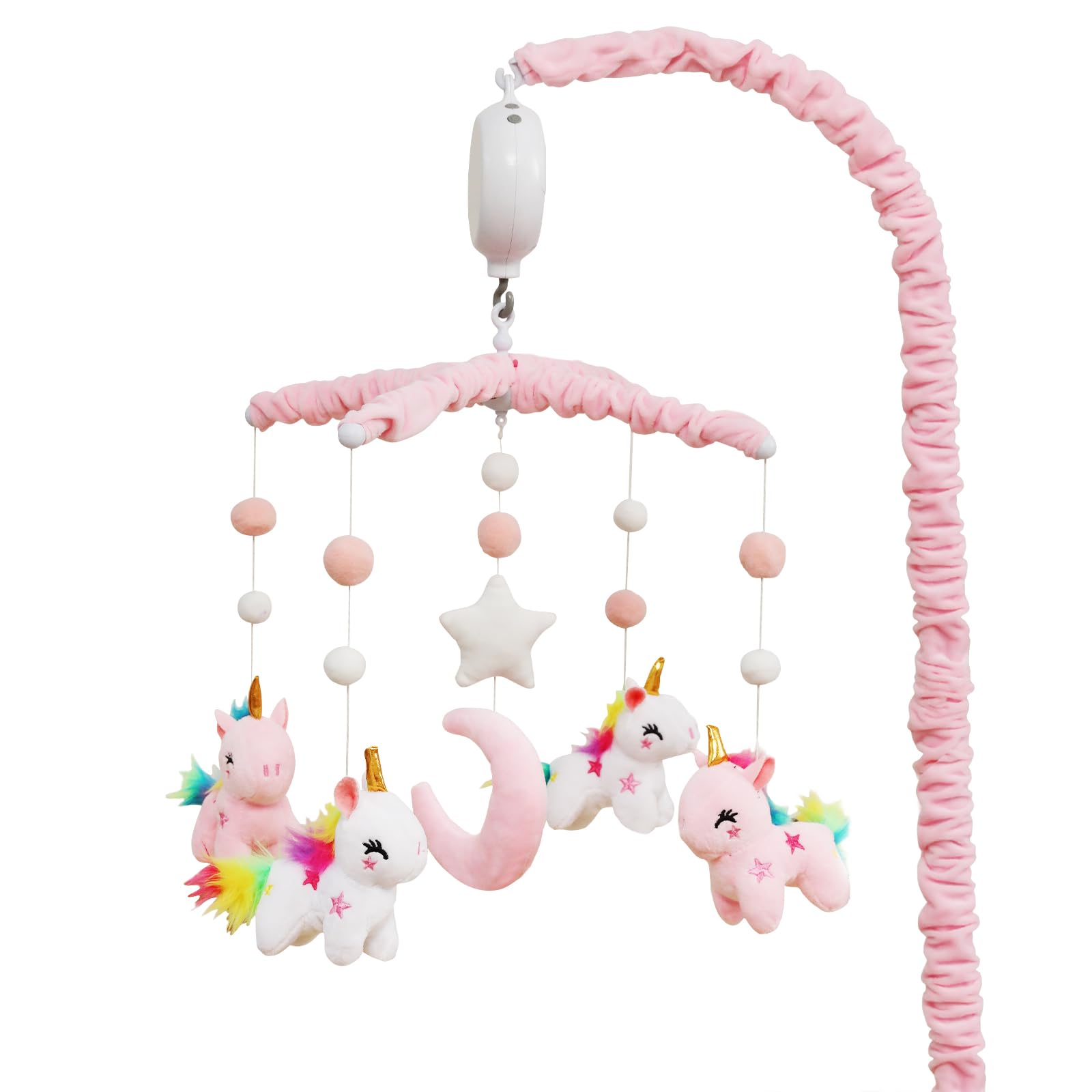 HanMiaMia Unicorn pink crib mobile enhances visual focus for her nursery.