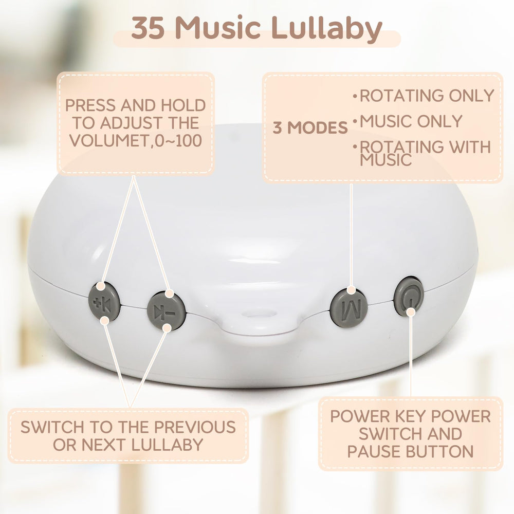 HanMiaMia crib mobile volume controls showing adjustable sound levels for silent to loud settings.