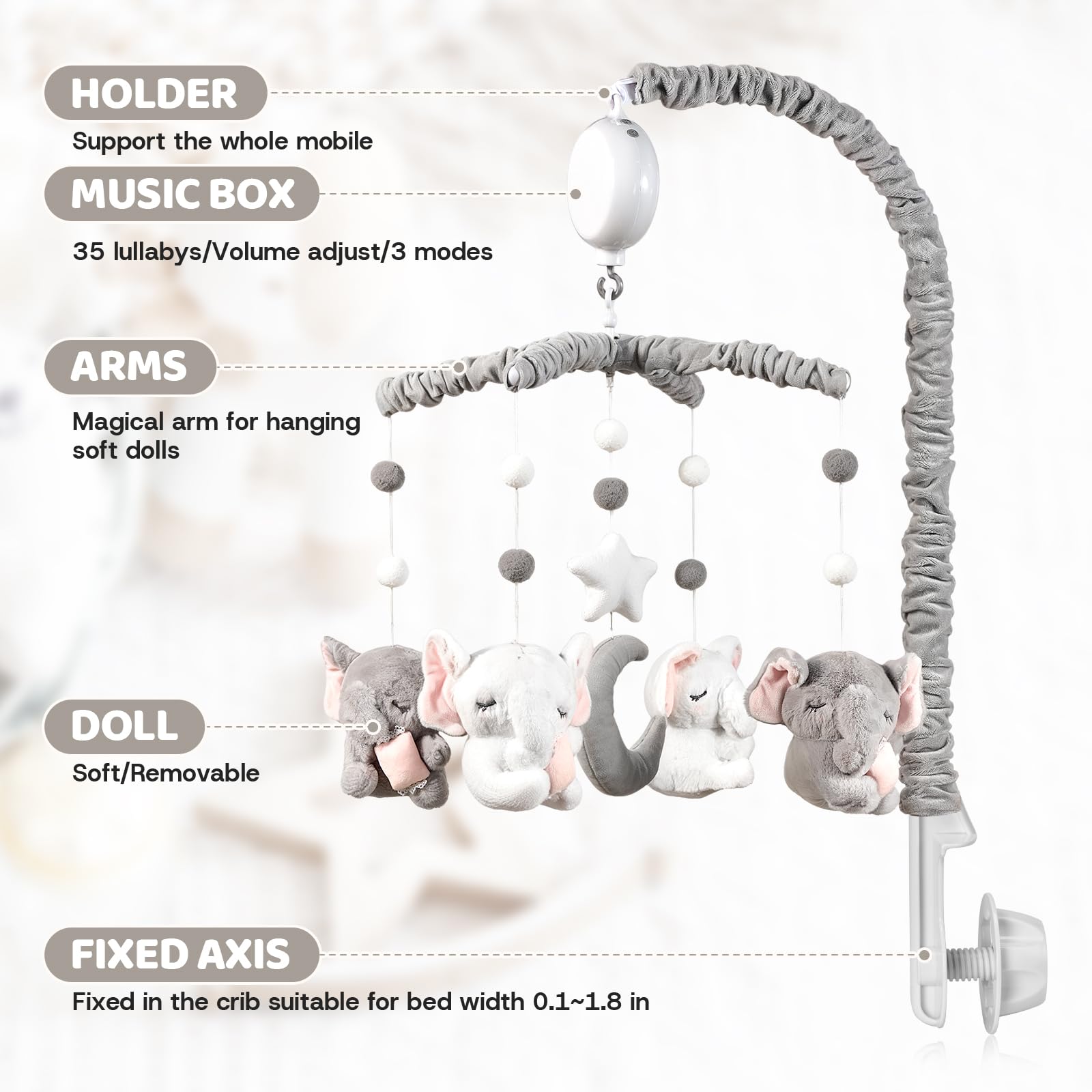 HanMiaMia baby view image showing two pink elephants above crib
