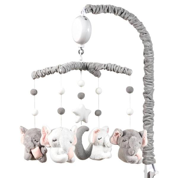 HanMiaMia elephant crib mobile in pink and white with 25-inch arm for baby focus