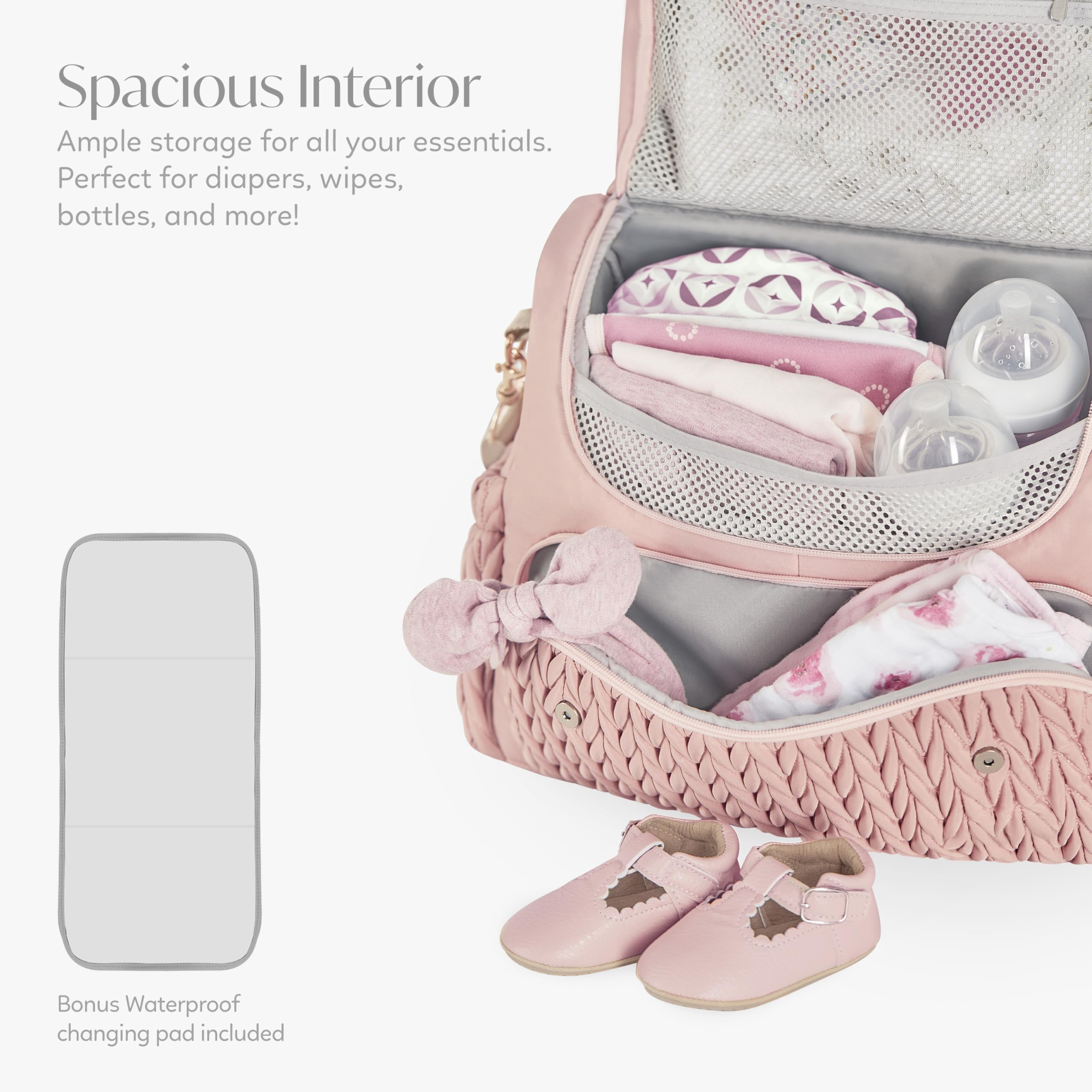 Hannah & Sophia Belle quilted pink fabric adds timeless style and durability.