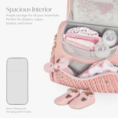 Hannah & Sophia Belle quilted pink fabric adds timeless style and durability.