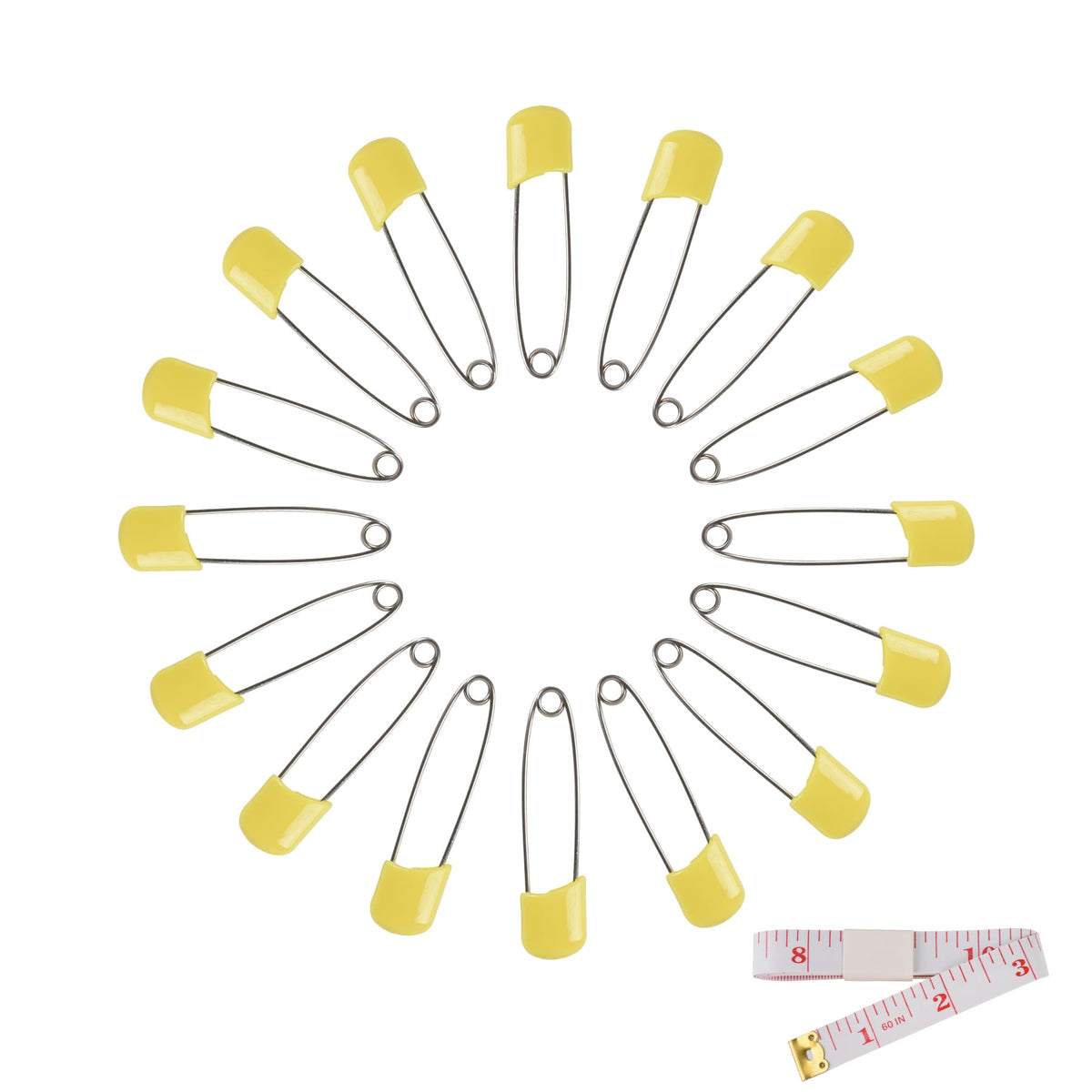 Hanycon diaper pins with yellow plastic heads and locking safety feature.