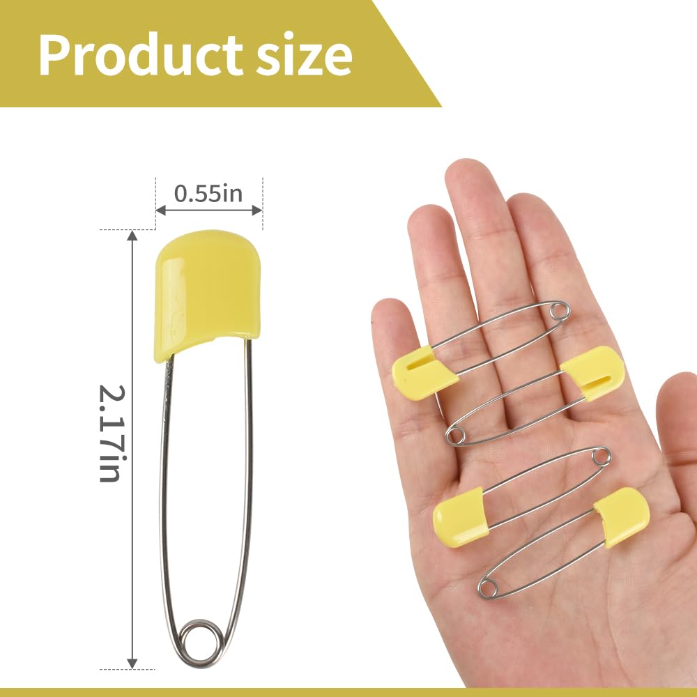 Hanycon yellow diaper pins show the safety lock in action for secure use.