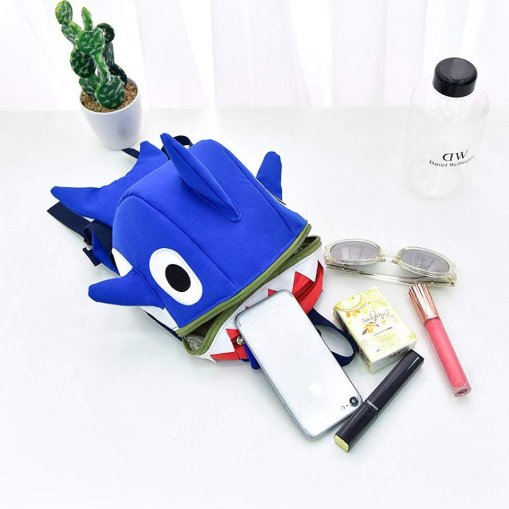 HANZE Shark backpack blue mouth storage open for snacks and wipes.