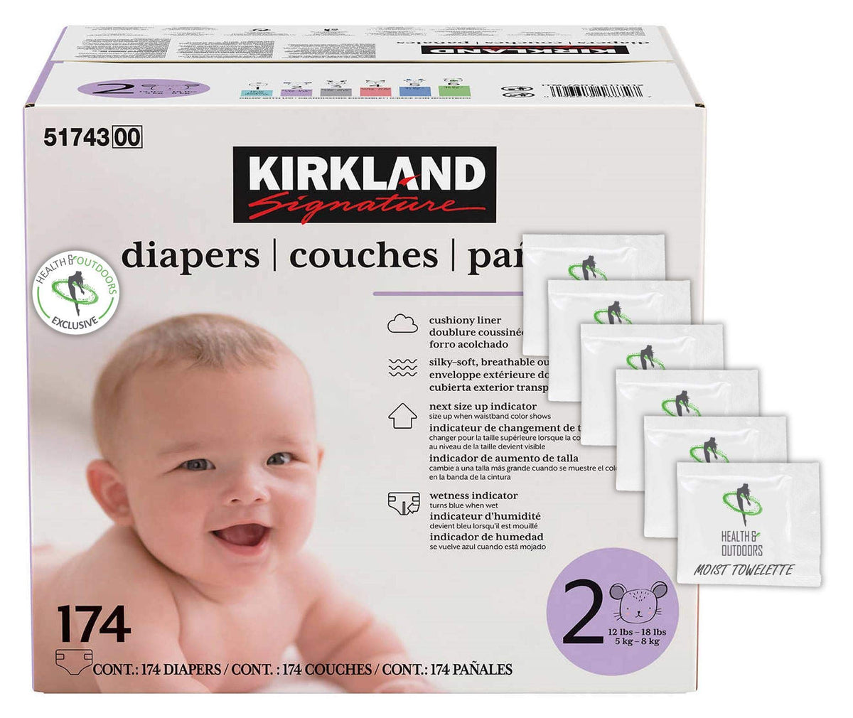 HAO Kirkland Signature Diapers Size 2 with blue wetness indicator for easy changes
