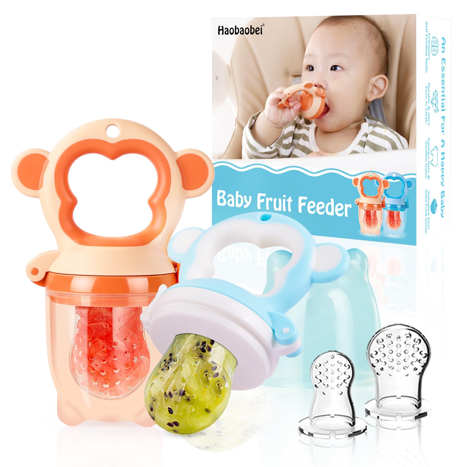 HAOBAOBEI baby fruit feeder orange and blue pack front view for easy feeding.