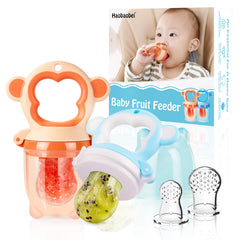 HAOBAOBEI baby fruit feeder orange and blue pack front view for easy feeding.