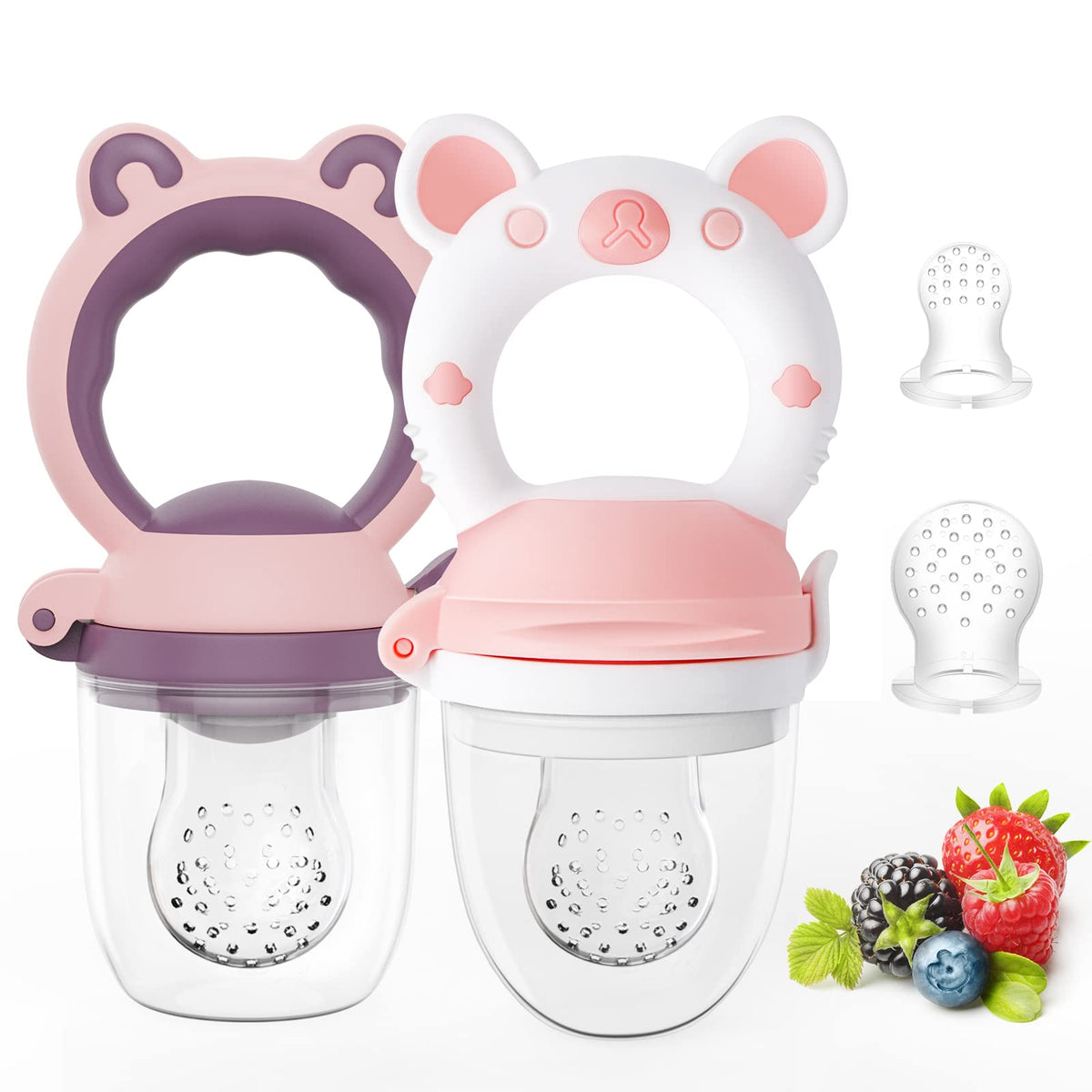 HAOBAOBEI bear feeder pacifier in purple, pink, and white for safe solid introductions